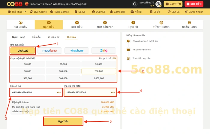 Hướng dẫn nạp tiền CO88 an toàn, uy tín 7 Nạp tiền CO88 qua thẻ cào điện thoại