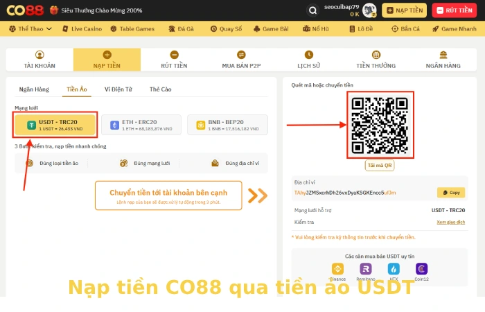 Hướng dẫn nạp tiền CO88 an toàn, uy tín 5 Nạp tiền ảo usdt vào CO88