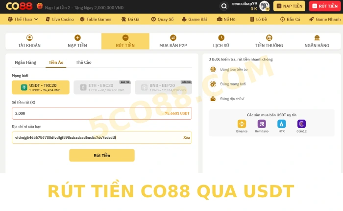 Hướng dẫn rút tiền CO88 an toàn, uy tín 2 Rút tiền CO88 qua tiền ảo USDT